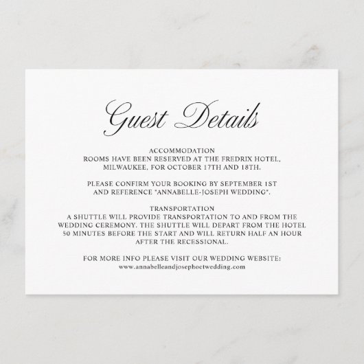 Elegant Script Formele Witte Bruiloft Gast Details Informatiekaartje (Voorkant)