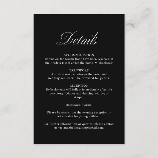 Elegant Script Formele Zwarte Bruiloft Details Informatiekaartje (Voorkant)