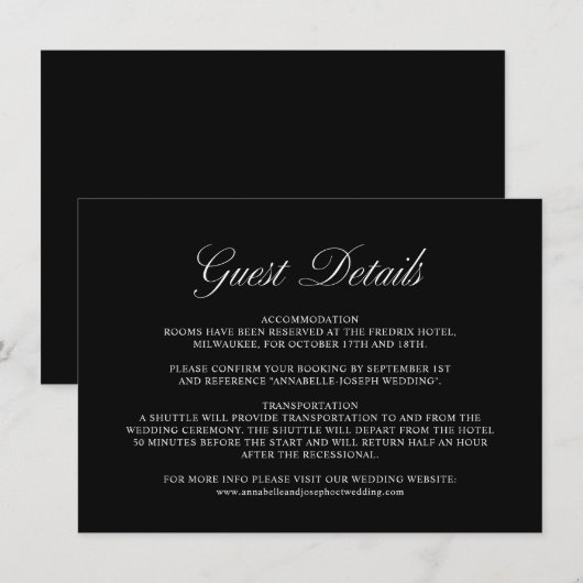 Elegant Script Formele Zwarte Bruiloft Gast Detail Informatiekaartje (Voorkant / Achterkant)