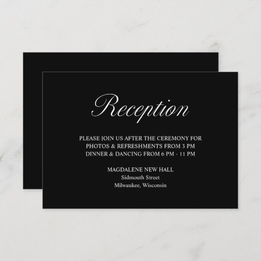 Elegant Script Formele Zwarte Bruiloft Receptie Informatiekaartje (Voorkant / Achterkant)