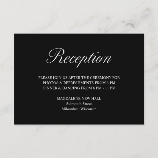Elegant Script Formele Zwarte Bruiloft Receptie Informatiekaartje (Voorkant)