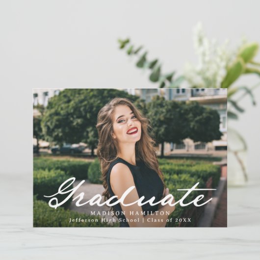 Elegant Script Foto Afstudeerfeest Kaart (Staand voorkant)