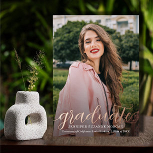 Elegant Script Foto Afstuderen Roze Goud Folie Uitnodiging