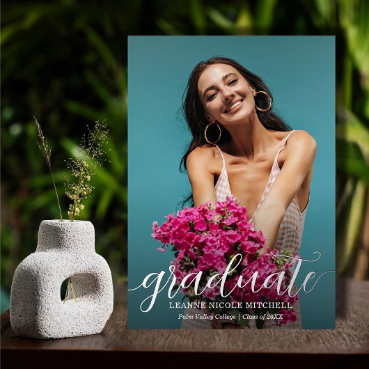 Elegant Script Foto Afstuderen Zilver Folie Uitnodiging