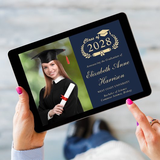 Elegant Script Foto Blauw Goud College Afstuderen Aankondiging