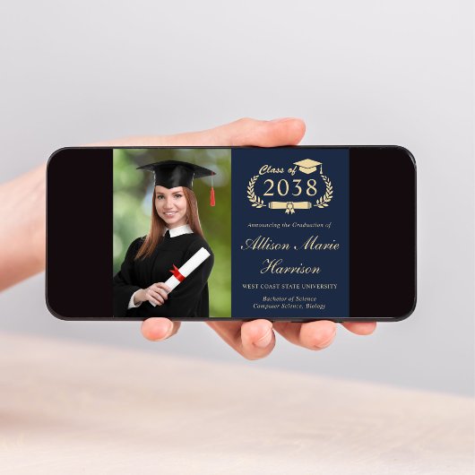 Elegant Script Foto Blauw Goud College Afstuderen Aankondiging