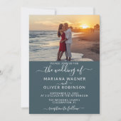 Elegant Script Foto Boho Blue Wedding Uitnodiging (Voorkant)