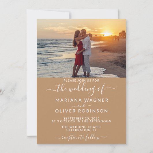 Elegant Script Foto Boho Tan Beige Wedding Kaart (Voorkant)
