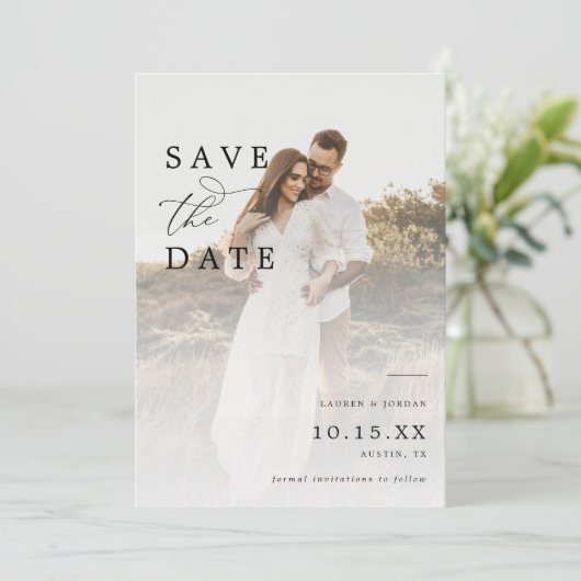 Elegant Script Foto Bruiloft Bewaar de Datum Uitno Save The Date (Staand voorkant)
