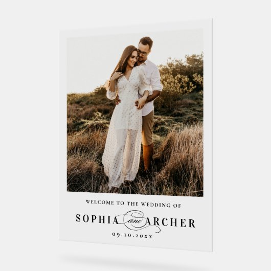 Elegant Script Foto Bruiloft Welkom Acryl Bord (Hoek)