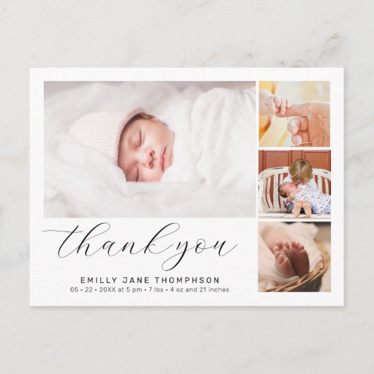 Elegant Script Foto Collage Geboorte Aankondiging Briefkaart (Voorkant)