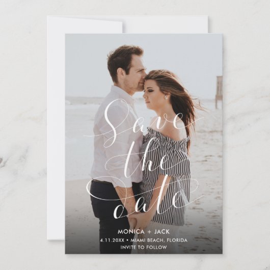 Elegant Script Foto Florida Beach Bruiloft Save The Date (Voorkant)
