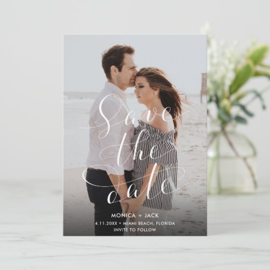 Elegant Script Foto Florida Beach Bruiloft Save The Date (Staand voorkant)