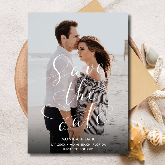 Elegant Script Foto Florida Beach Bruiloft Save The Date