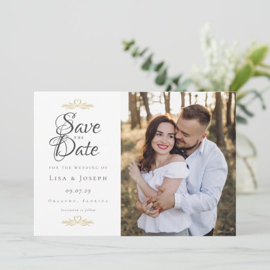 Elegant script foto Gold Heart Opslaan datum Kaart (Staand voorkant)