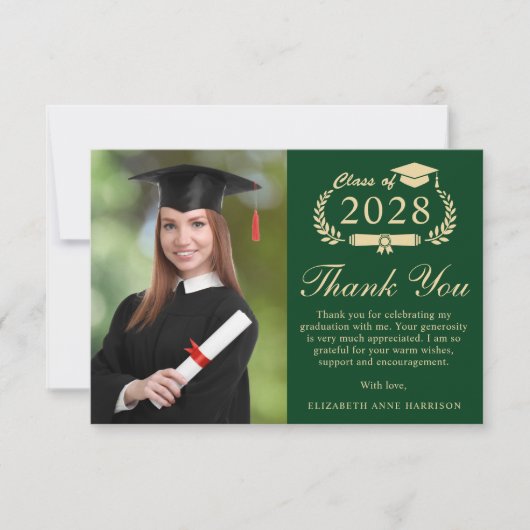 Elegant Script Foto Groen Goud Afstuderen Bedankkaart (Voorkant)