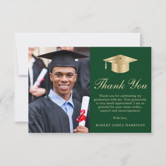 Elegant Script Foto Groen Goud Afstuderen Bedankkaart (Voorkant)