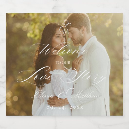 Elegant Script Foto Liefdesverhaal Bruiloft Sparkling Wijnetiket (Enkel label)