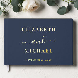 Elegant Script Foto Marine Blauw Bruiloft Gastenboek