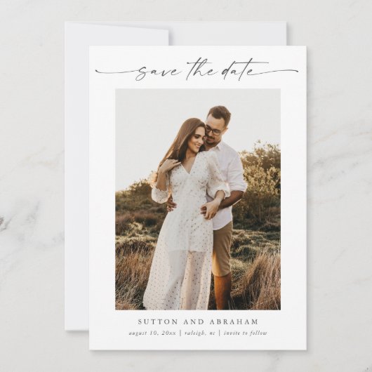 Elegant Script foto minimale bruiloft Save The Date (Voorkant)