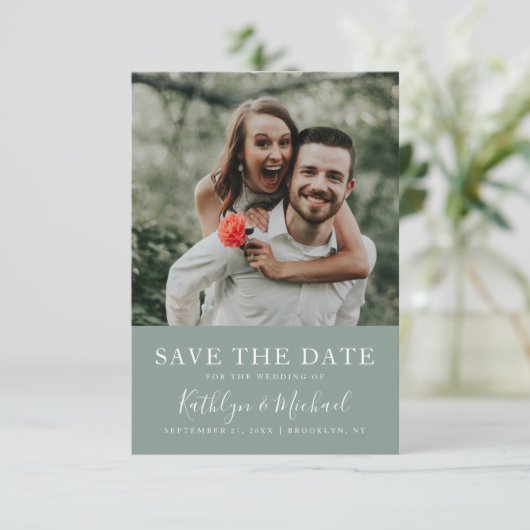 Elegant Script Foto Modern minimalist Weddenschap Save The Date (Staand voorkant)