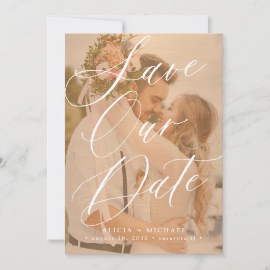 Elegant script foto overlay terracotta bruiloft save the date (Voorkant)