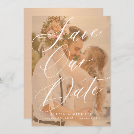 Elegant script foto overlay terracotta bruiloft save the date (Voorkant / Achterkant)