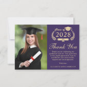 Elegant Script Foto Paarse Goud Afstuderen Bedankkaart (Voorkant)
