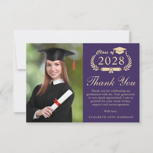 Elegant Script Foto Paarse Goud Afstuderen Bedankkaart (Voorkant)