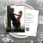 Elegant Script Foto QR Code Bruiloft Save The Date<br><div class="desc">Deze eenvoudige,  moderne scriptfoto bewaart de datumkaart en bevat uw speciale foto die is overlapt met een script,  sla de datum boven uw namen,  datum en locatie op in witte tekst. Op de achterkant staan uw trouwgegevens en de QR-code van de trouwwebsite. Ontworpen door Thisnotme©</div>