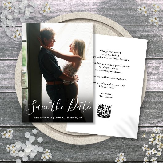 Elegant Script Foto QR Code Bruiloft Save The Date