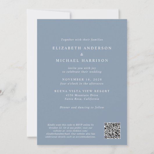 Elegant Script Foto QR Code Dusty Blue Wedding Kaart (Voorkant)