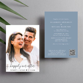 Elegant Script Foto QR Code Dusty Blue Wedding Kaart