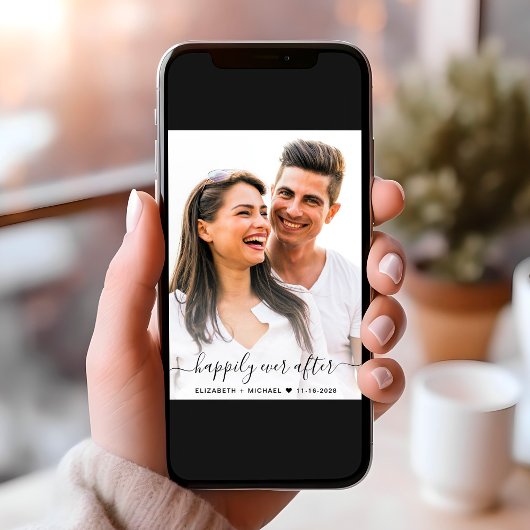 Elegant Script Foto QR Code Dusty Blue Wedding Kaart