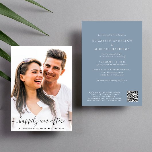 Elegant Script Foto QR Code Dusty Blue Wedding Kaart