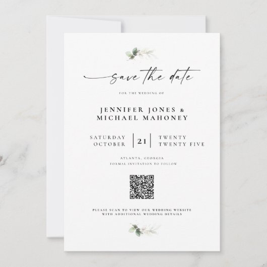 Elegant Script Foto QR Code Eucalyptus Weddenschap Save The Date (Voorkant)