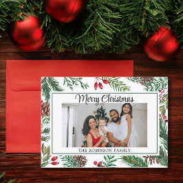 Elegant Script Foto Red Merry Christmas Feestdagenkaart