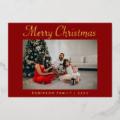 Elegant Script Foto Red Merry Christmas Folie Feestdagenkaart (Voorkant)