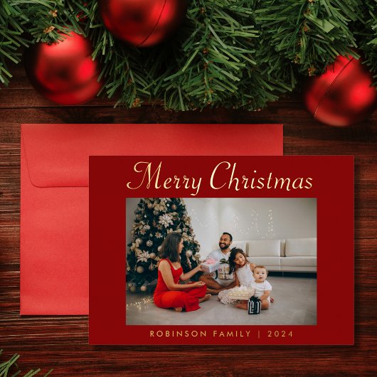 Elegant Script Foto Red Merry Christmas Folie Feestdagenkaart