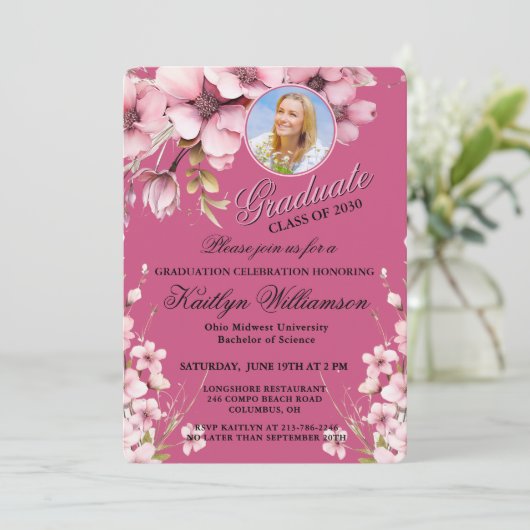 Elegant Script Foto Roze Afstudeerfeest Kaart (Staand voorkant)