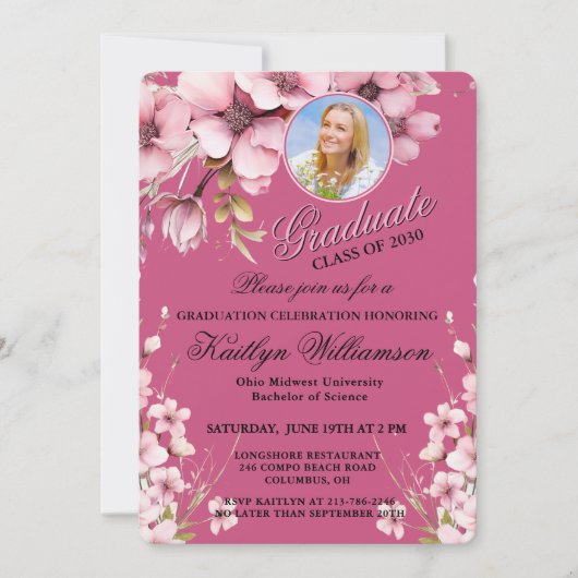 Elegant Script Foto Roze Afstudeerfeest Kaart (Voorkant)