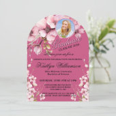 Elegant Script Foto Roze Graduation Party Arch Kaart (Staand voorkant)