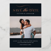 Elegant Script Foto Save the Date Rose Goud Folie Uitnodiging (Voorkant)