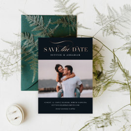 Elegant Script Foto Save the Date Roze Goud Folie Uitnodiging