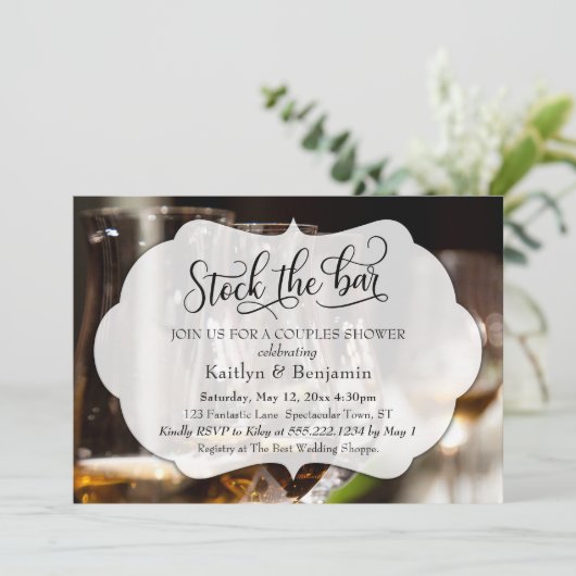 Elegant Script, Foto Stock de Bar Couples Douche Kaart (Staand voorkant)