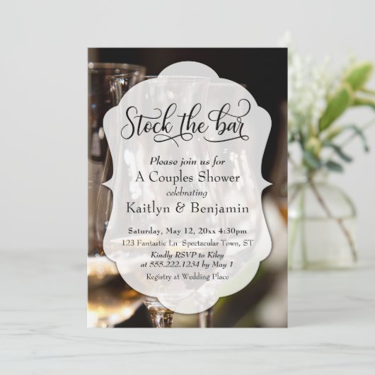 Elegant Script, Foto Stock de Bar Couples Douche Kaart (Staand voorkant)