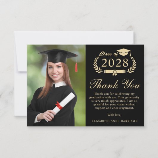 Elegant Script Foto Zwart Goud Afstuderen Bedankkaart (Voorkant)