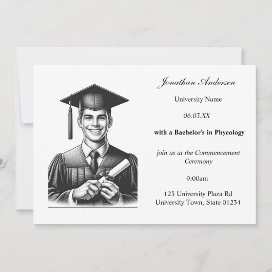 Elegant Script Foto Zwart Wit Afstuderen Aankondiging (Voorkant)