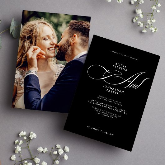 Elegant script foto zwart wit bruiloft basis kaart