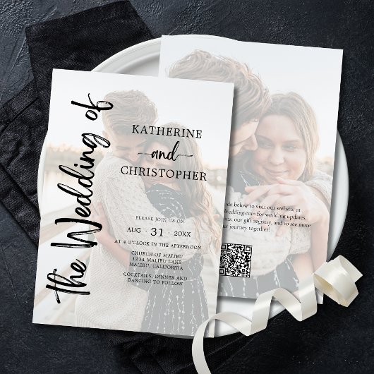 Elegant Script Foto Zwart Wit Formele Huwelijk Kaart